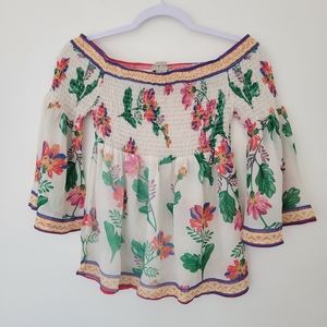 Flying Tomato Smoked Off Shoulder Bell Sleeve Floral Blouse Size S